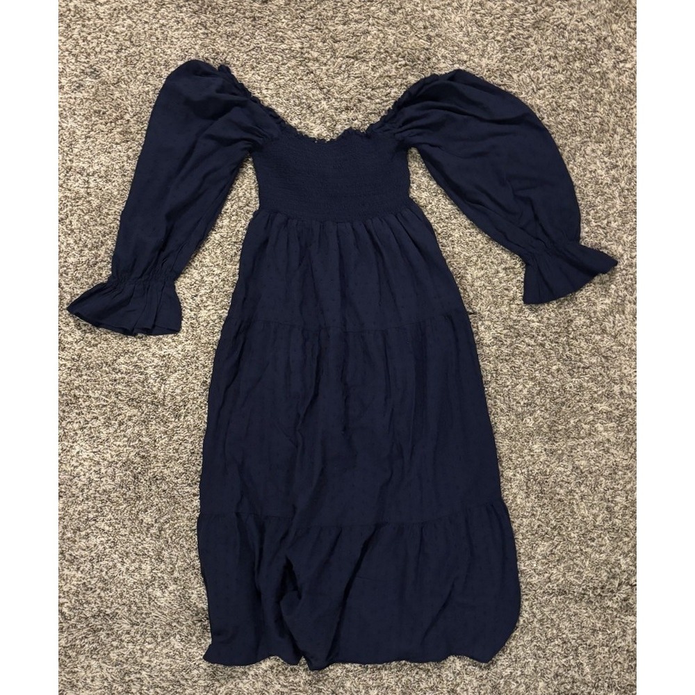 R.Vivimos Navy Blue Off Shoulder Smocked Textured Boho Midi Dress Womens Medium